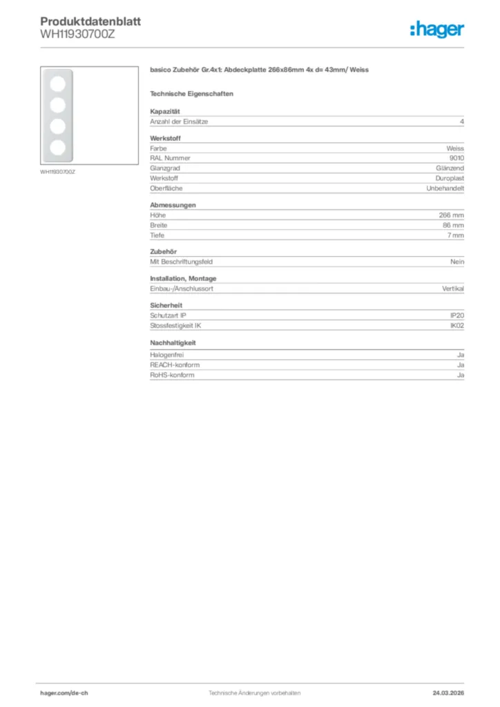 Bild Hager Produktdatenblatt WH11930700Z | Hager Schweiz