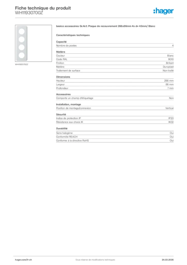 Image Hager Fiche technique du produit WH11930700Z | Hager Suisse