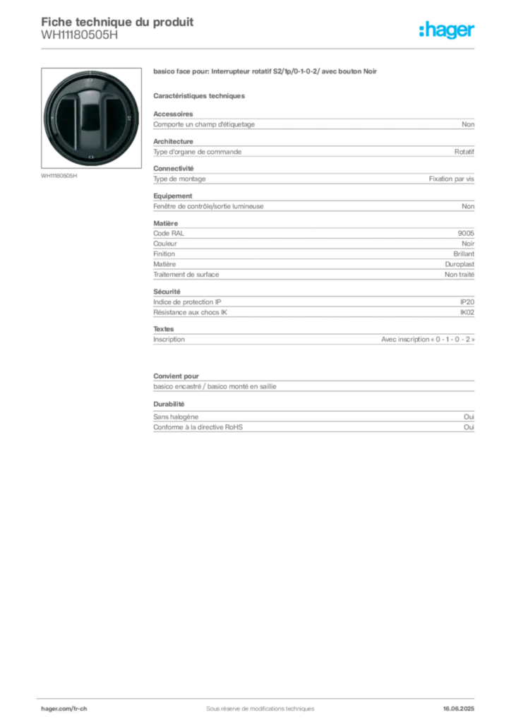 Image Hager Fiche technique du produit WH11180505H | Hager Suisse