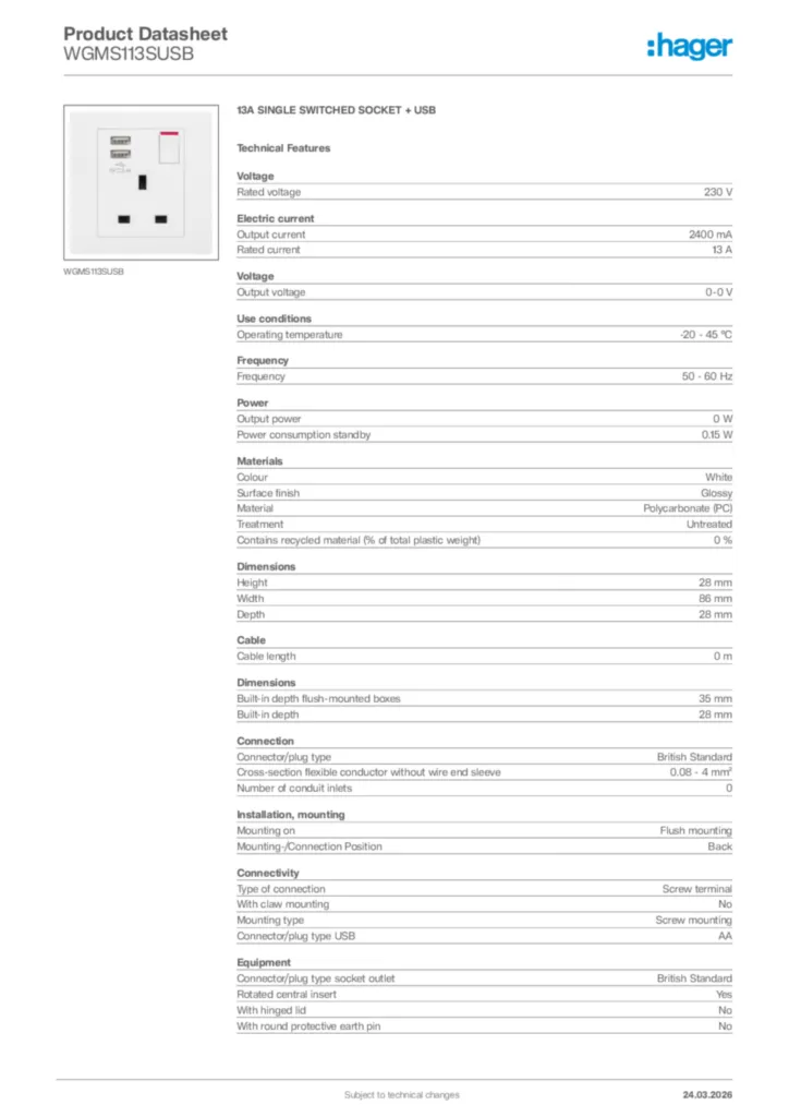 Image Hager Product data sheet WGMS113SUSB  | Hager Africa