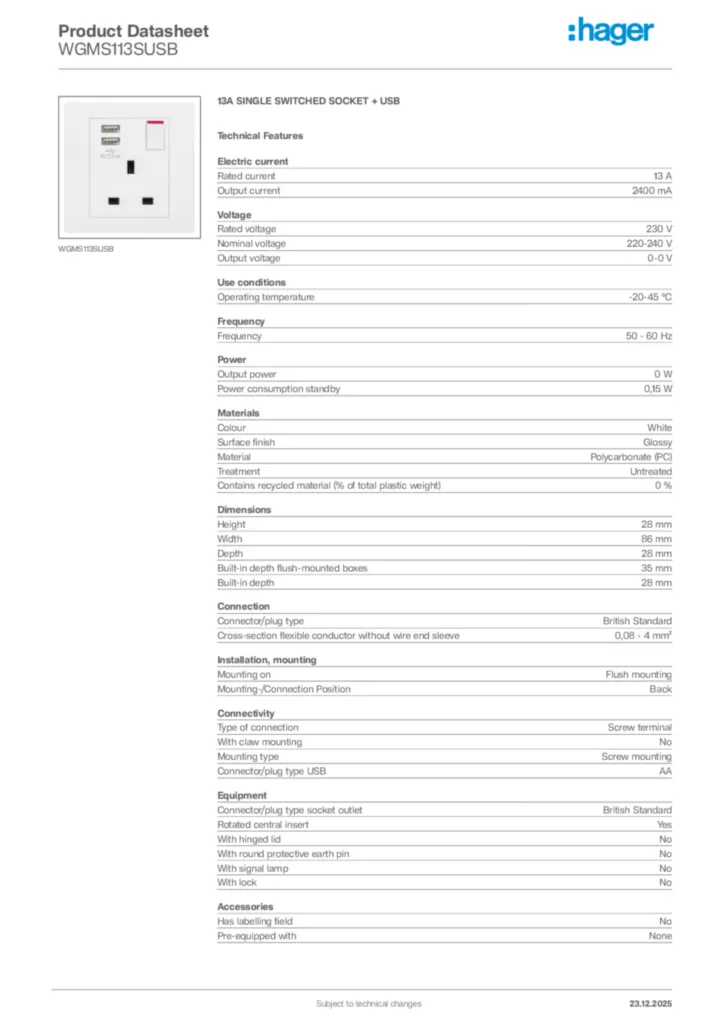 Image Hager Product data sheet WGMS113SUSB  | Hager
