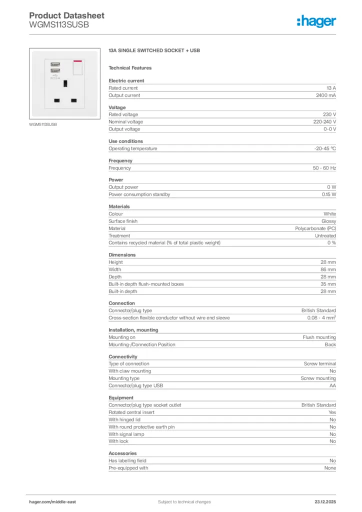 Image Hager Product data sheet WGMS113SUSB  | Hager
