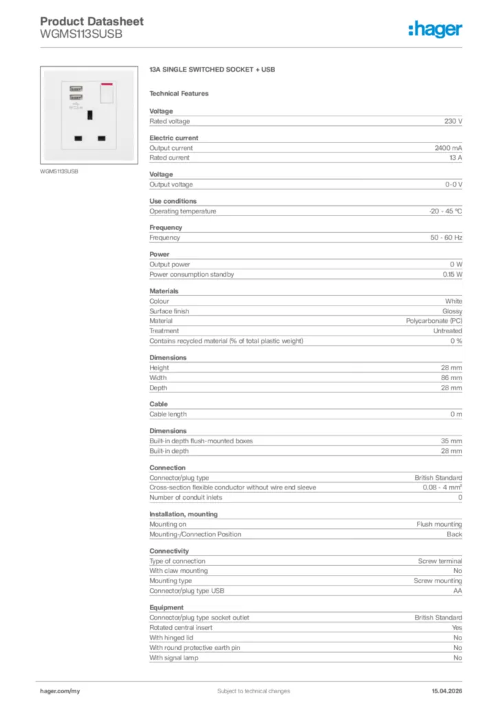 Image Hager Product data sheet WGMS113SUSB  | Hager
