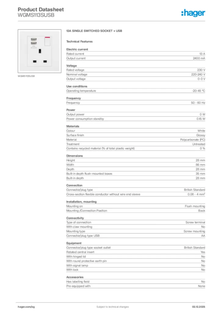 Image Hager Product data sheet WGMS113SUSB  | Hager