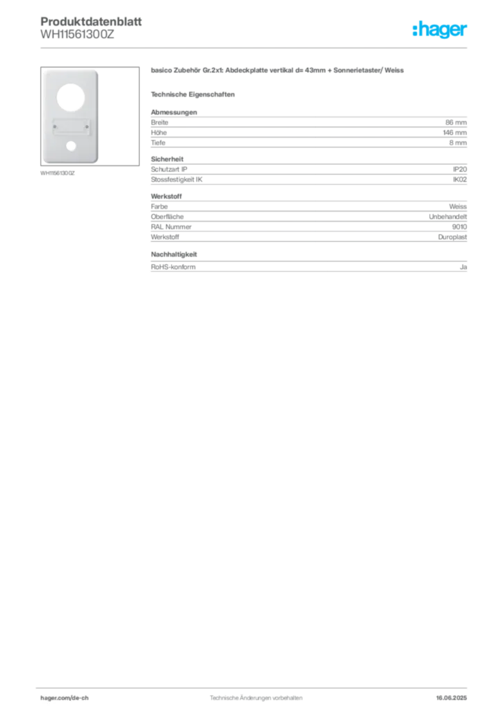 Bild Hager Produktdatenblatt WH11561300Z | Hager Schweiz