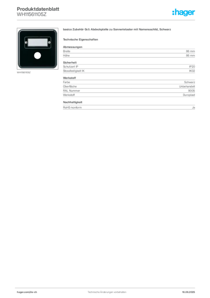 Bild Hager Produktdatenblatt WH11561105Z | Hager Schweiz