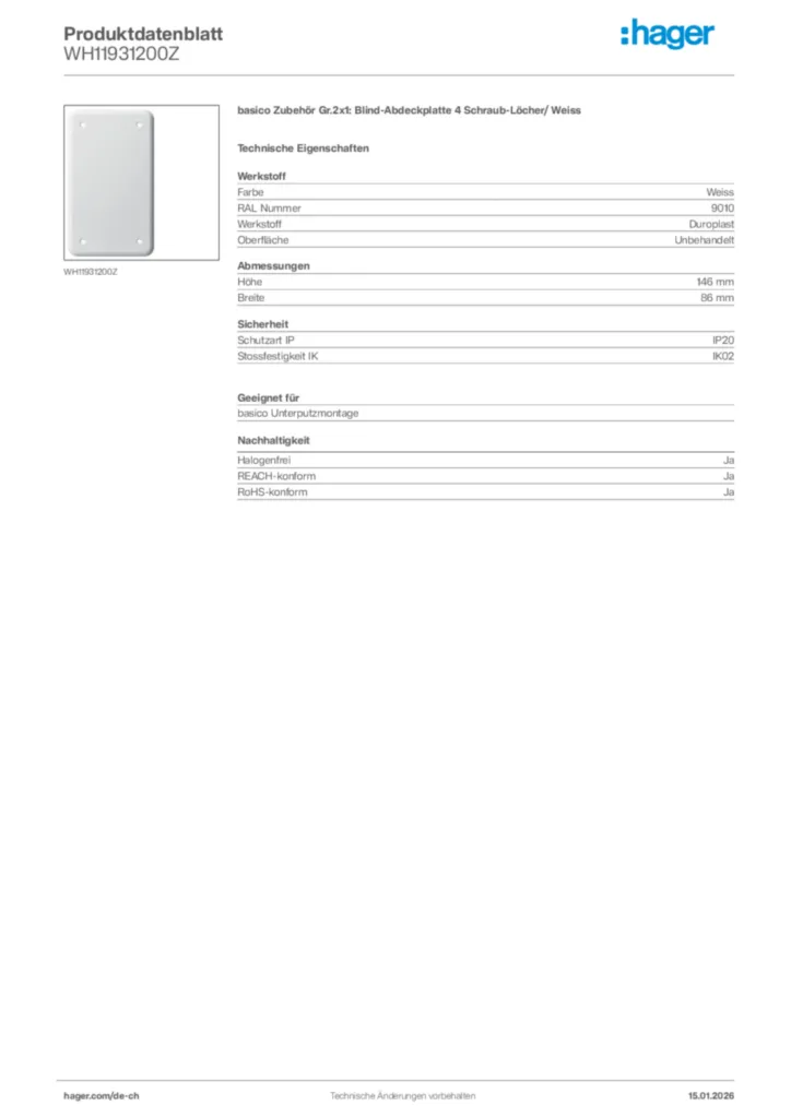 Bild Hager Produktdatenblatt WH11931200Z | Hager Schweiz