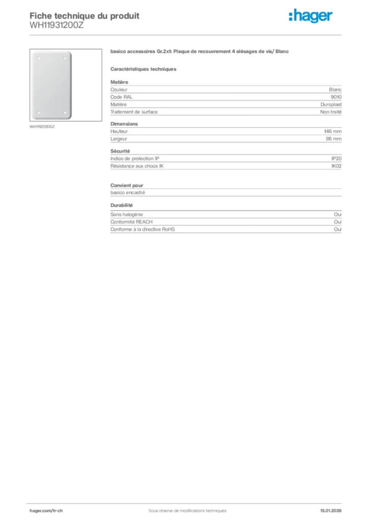 Image Hager Fiche technique du produit WH11931200Z | Hager Suisse