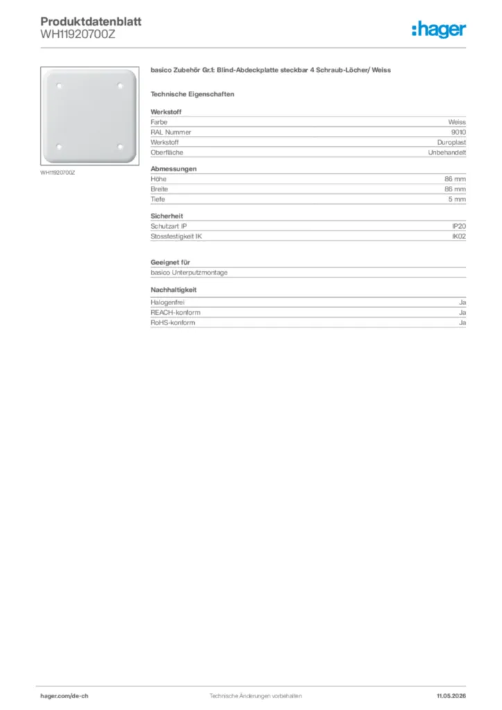 Bild Hager Produktdatenblatt WH11920700Z | Hager Schweiz