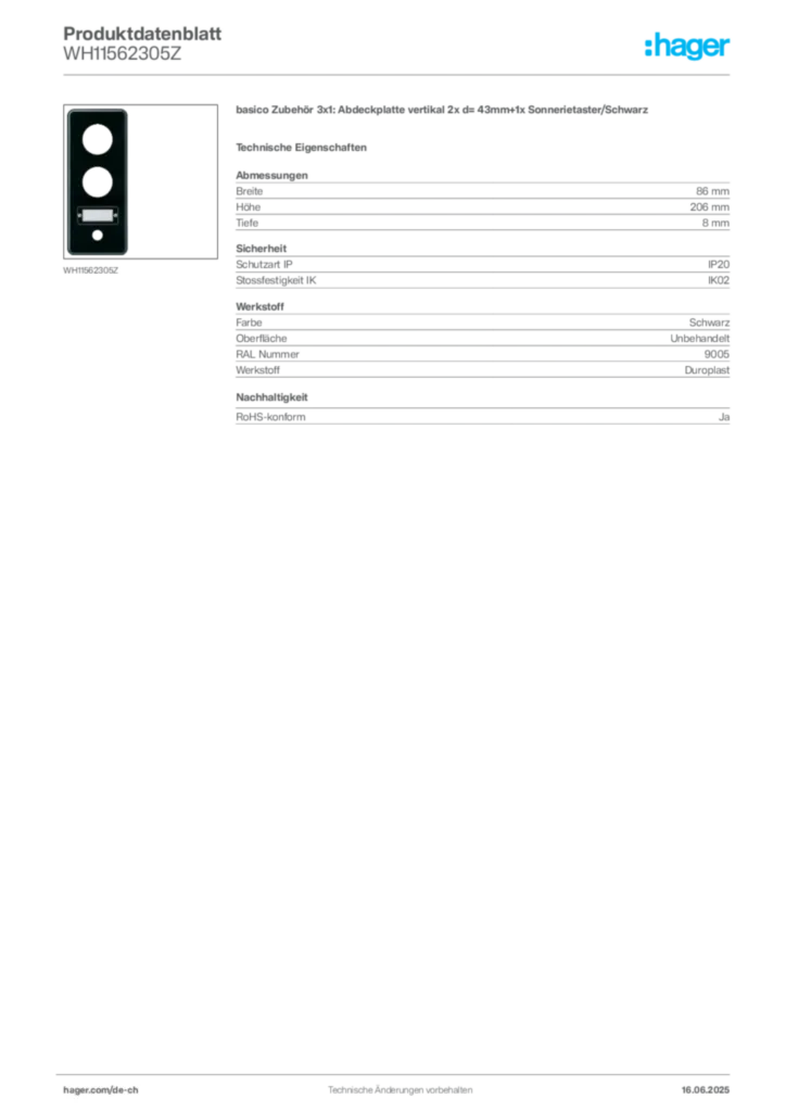 Bild Hager Produktdatenblatt WH11562305Z | Hager Schweiz