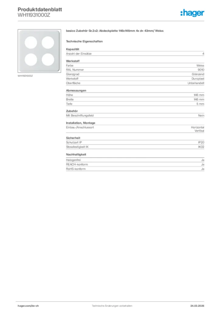 Bild Hager Produktdatenblatt WH11931000Z | Hager Schweiz