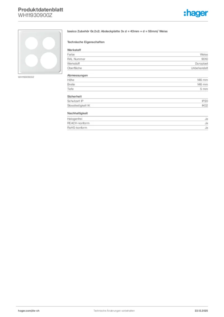 Bild Hager Produktdatenblatt WH11930900Z | Hager Schweiz