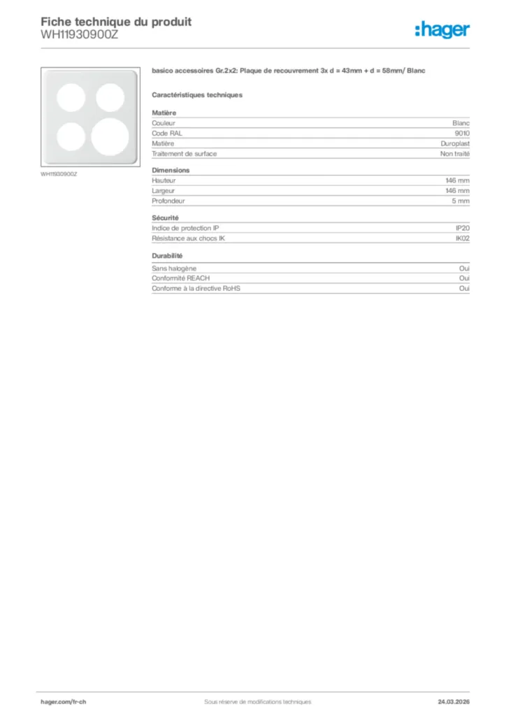 Image Hager Fiche technique du produit WH11930900Z | Hager Suisse