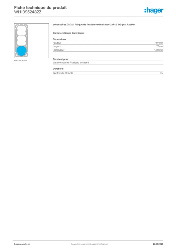 Image Hager Fiche technique du produit WH10952482Z | Hager Suisse