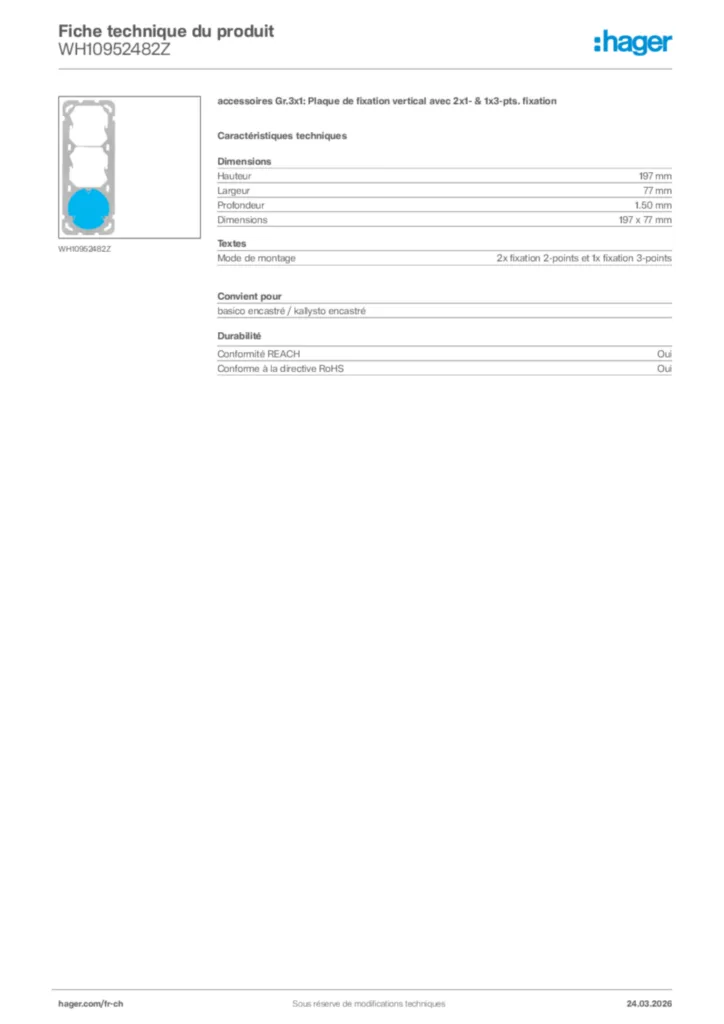 Image Hager Fiche technique du produit WH10952482Z | Hager Suisse