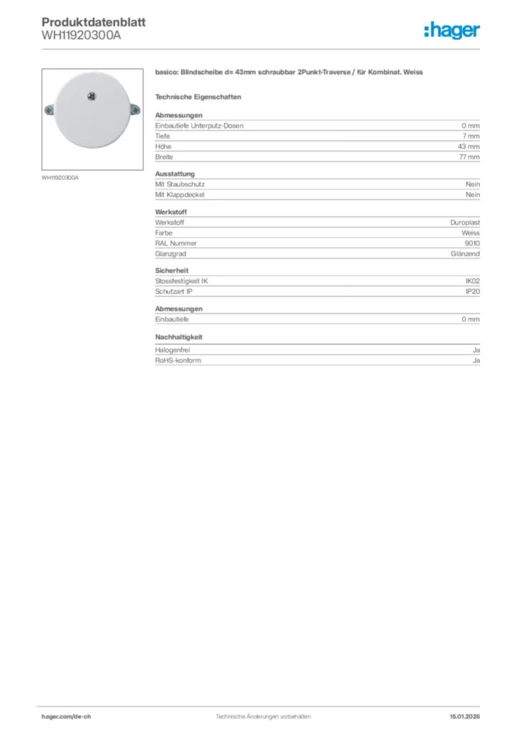 Bild Hager Produktdatenblatt WH11920300A | Hager Schweiz