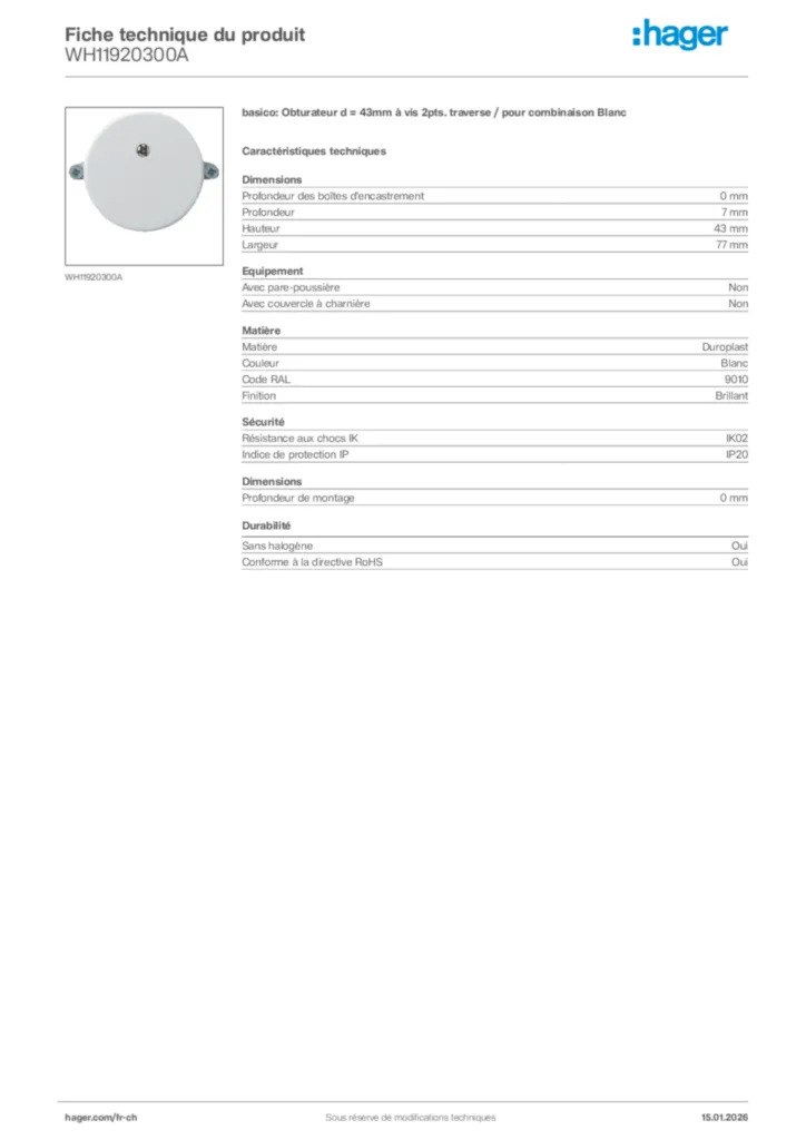 Image Hager Fiche technique du produit WH11920300A | Hager Suisse