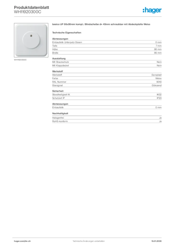 Bild Hager Produktdatenblatt WH11920300C | Hager Schweiz