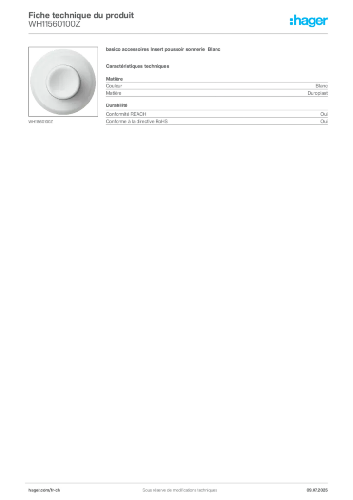 Image Hager Fiche technique du produit WH11560100Z | Hager Suisse