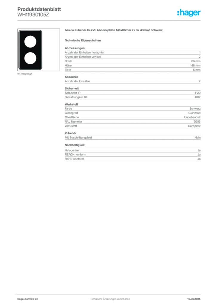 Bild Hager Produktdatenblatt WH11930105Z | Hager Schweiz