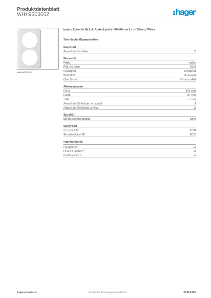 Bild Hager Produktdatenblatt WH11930300Z | Hager Schweiz