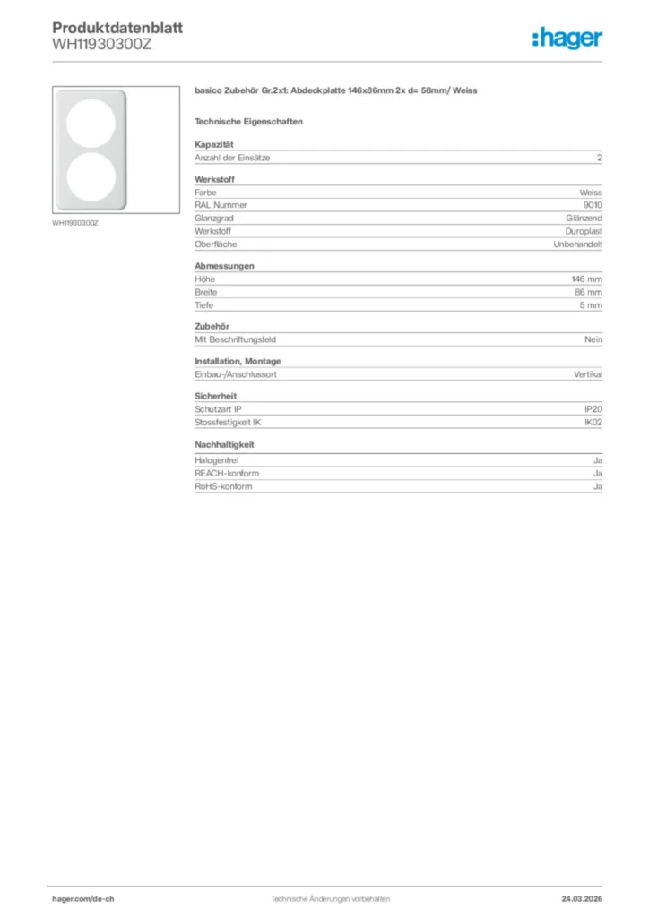 Bild Hager Produktdatenblatt WH11930300Z | Hager Schweiz