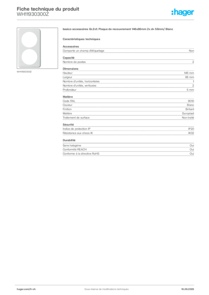 Image Hager Fiche technique du produit WH11930300Z | Hager Suisse