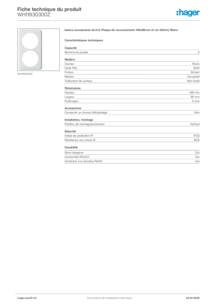 Image Hager Fiche technique du produit WH11930300Z | Hager Suisse