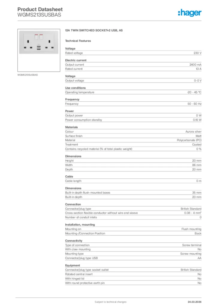 Image Hager Product data sheet WGMS213SUSBAS  | Hager Africa