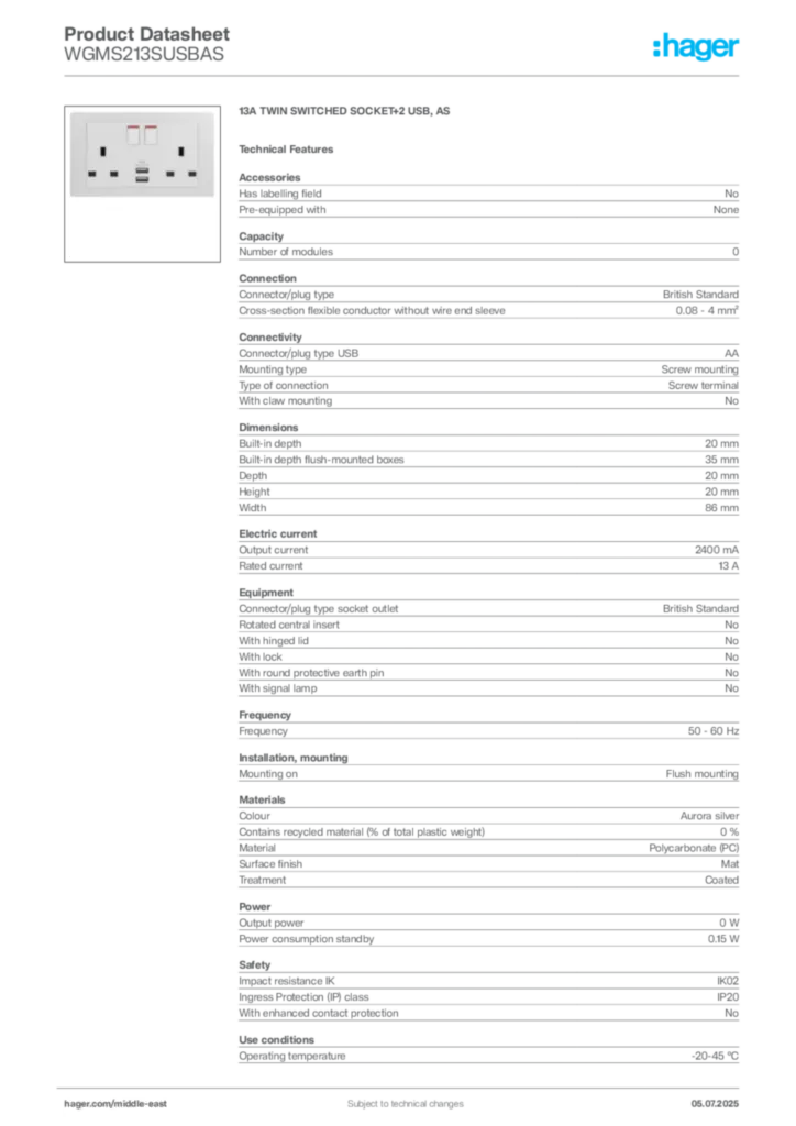 Image Hager Product data sheet WGMS213SUSBAS  | Hager