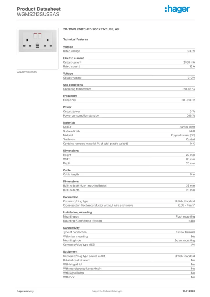 Image Hager Product data sheet WGMS213SUSBAS  | Hager