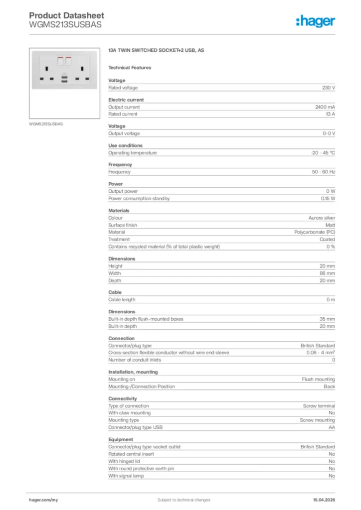 Image Hager Product data sheet WGMS213SUSBAS  | Hager
