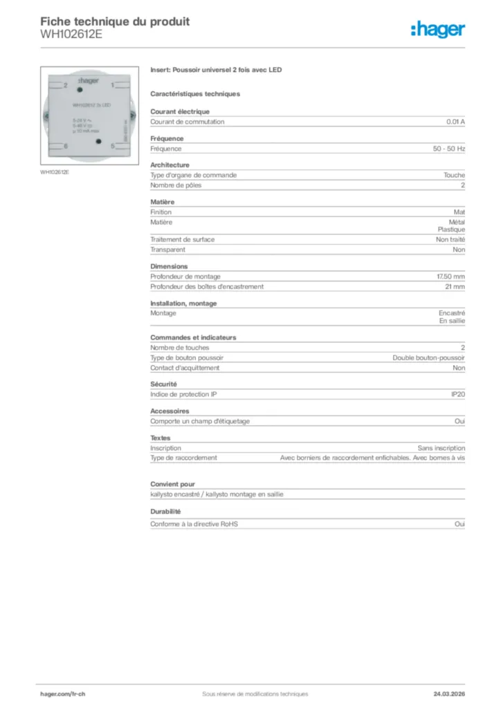 Image Hager Fiche technique du produit WH102612E | Hager Suisse