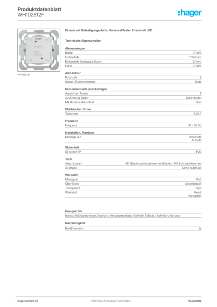 Bild Hager Produktdatenblatt WH102612F | Hager Schweiz