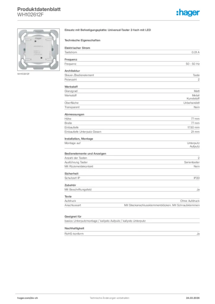 Bild Hager Produktdatenblatt WH102612F | Hager Schweiz