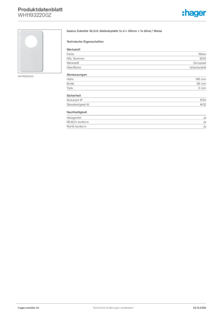 Bild Hager Produktdatenblatt WH11932200Z | Hager Schweiz