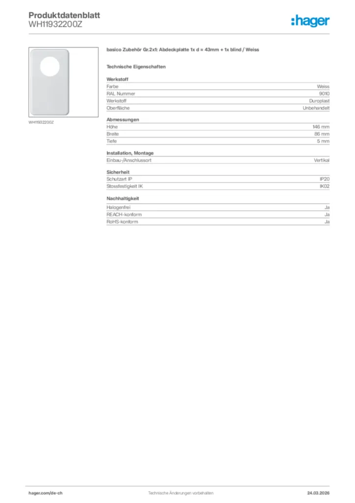 Bild Hager Produktdatenblatt WH11932200Z | Hager Schweiz