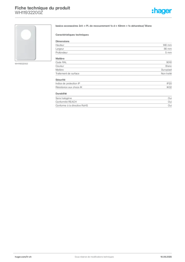 Image Hager Fiche technique du produit WH11932200Z | Hager Suisse