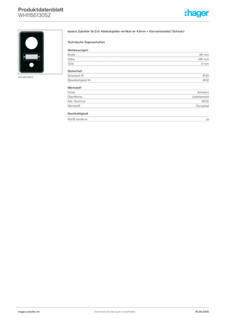 Bild Hager Produktdatenblatt WH11561305Z | Hager Schweiz
