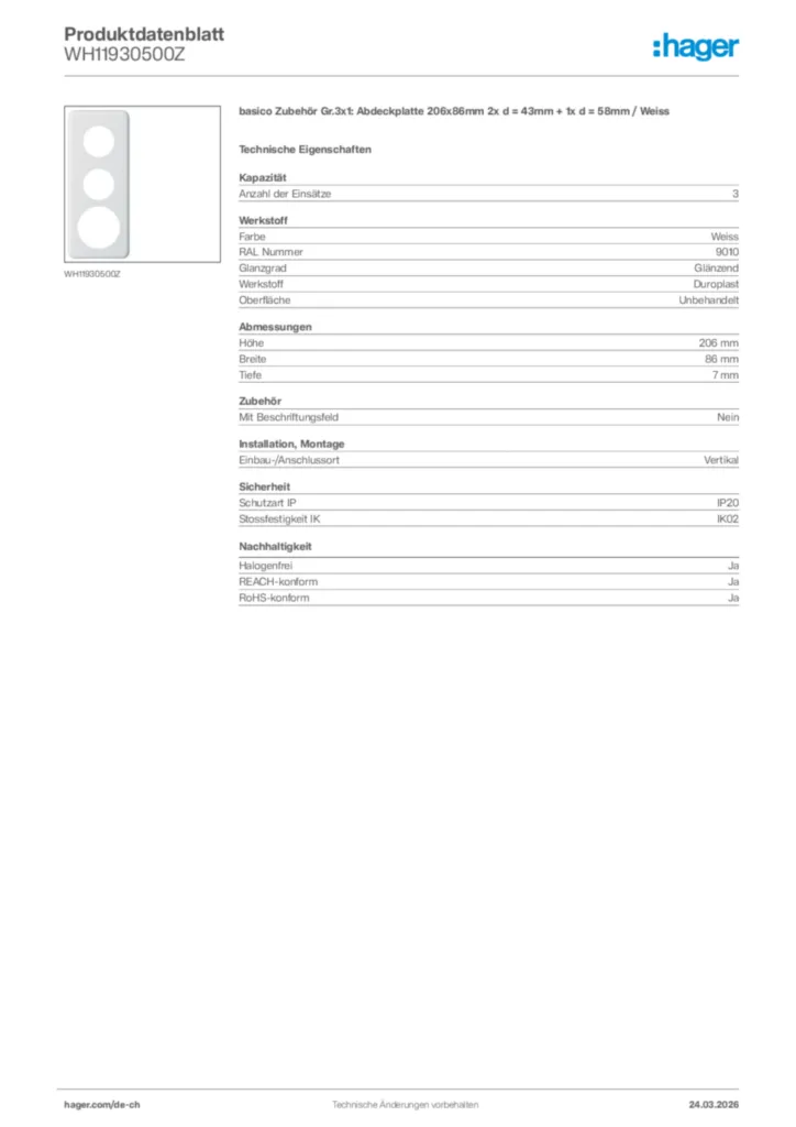 Bild Hager Produktdatenblatt WH11930500Z | Hager Schweiz