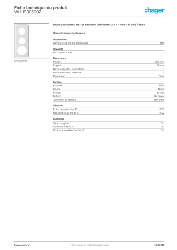 Image Hager Fiche technique du produit WH11930500Z | Hager Suisse
