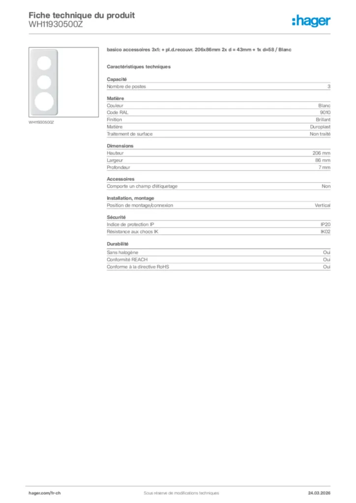 Image Hager Fiche technique du produit WH11930500Z | Hager Suisse