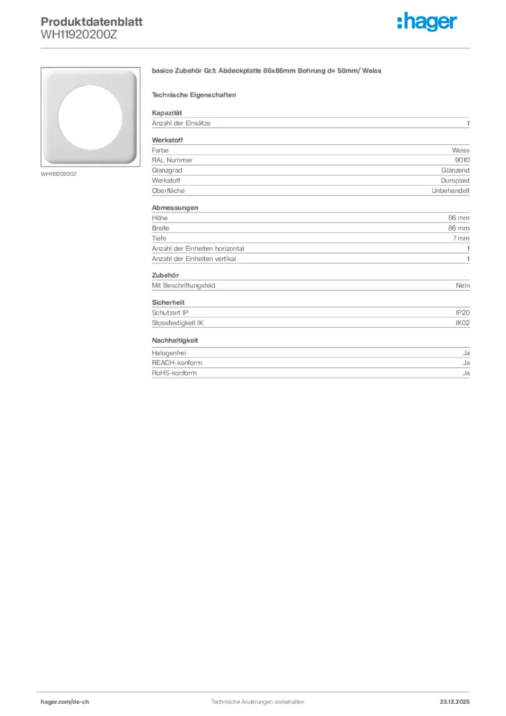 Bild Hager Produktdatenblatt WH11920200Z | Hager Schweiz