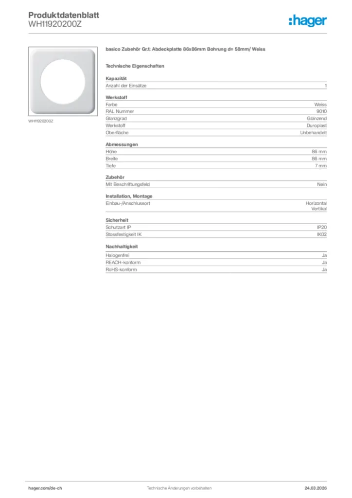 Bild Hager Produktdatenblatt WH11920200Z | Hager Schweiz