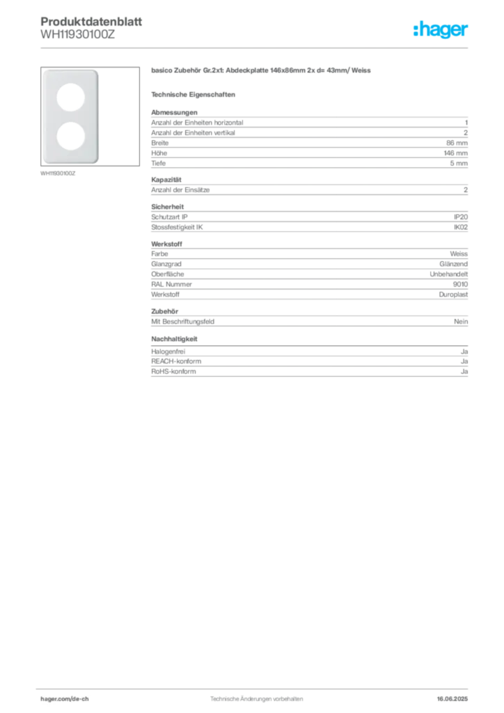 Bild Hager Produktdatenblatt WH11930100Z | Hager Schweiz