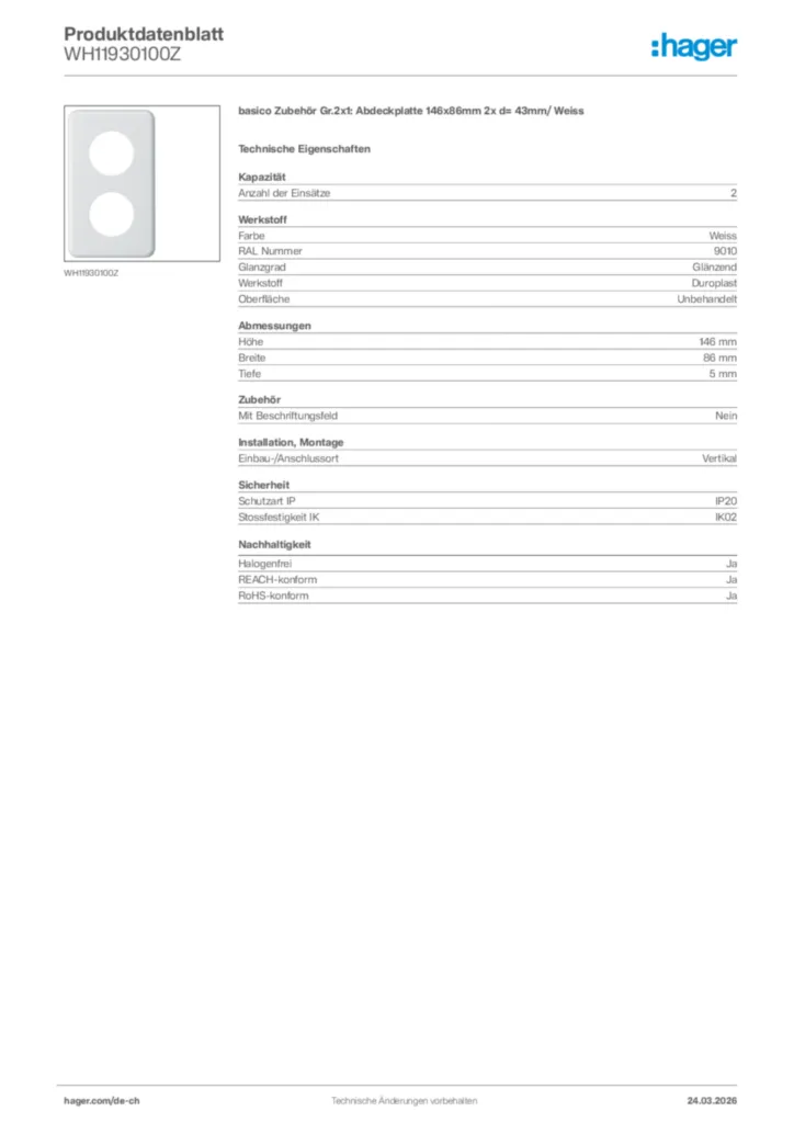 Bild Hager Produktdatenblatt WH11930100Z | Hager Schweiz