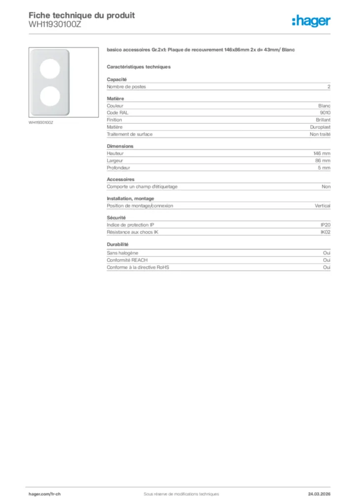 Image Hager Fiche technique du produit WH11930100Z | Hager Suisse