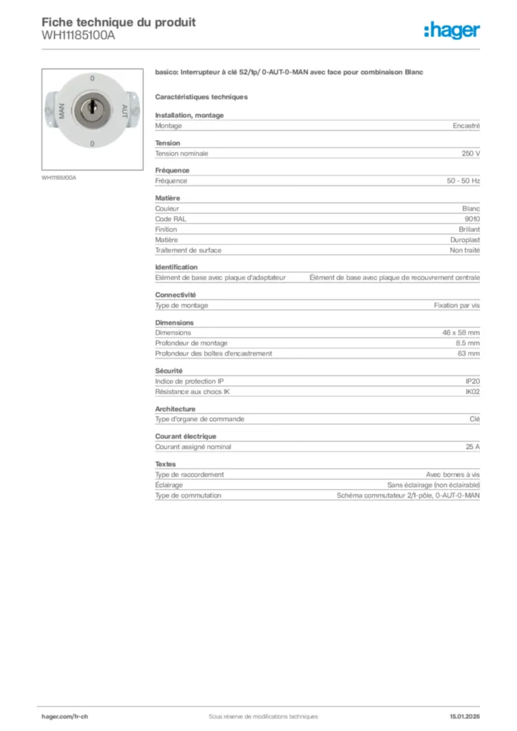Image Hager Fiche technique du produit WH11185100A | Hager Suisse