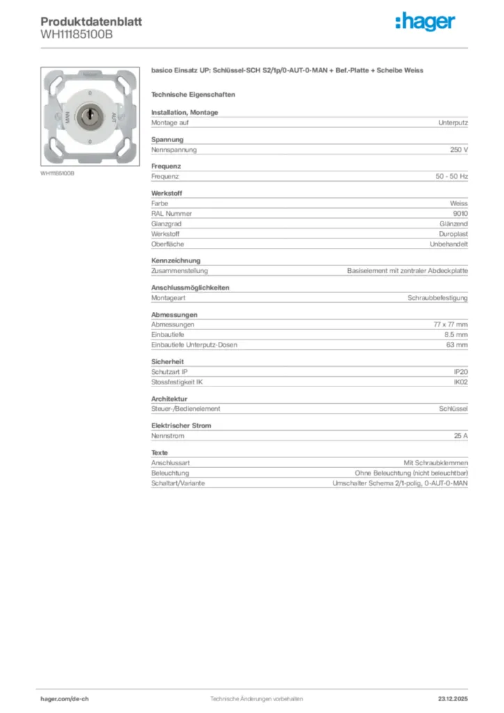 Bild Hager Produktdatenblatt WH11185100B | Hager Schweiz