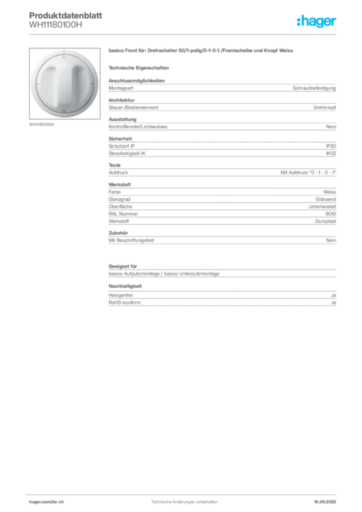 Bild Hager Produktdatenblatt WH11180100H | Hager Schweiz